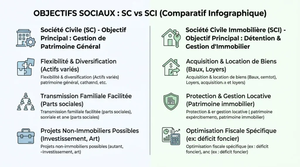 Comparaison objet social SC vs SCI société civile immobilière