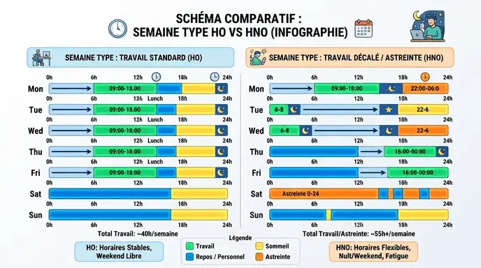 Schéma comparatif heures ouvrées HO et heures non ouvrées HNO semaine type