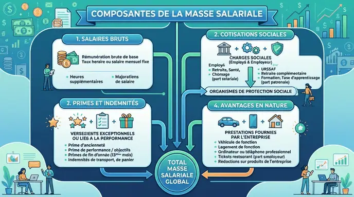 composantes masse salariale salaires bruts cotisations primes avantages nature