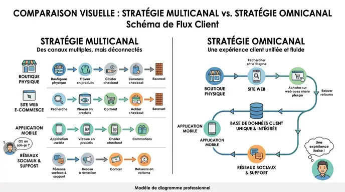 différence communication omnicanale vs multicanale schéma comparatif