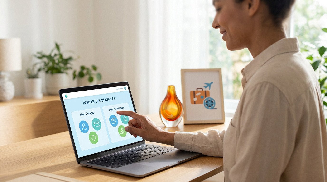 Une femme utilise son ordinateur pour consulter son portail d'avantages sociaux en ligne.