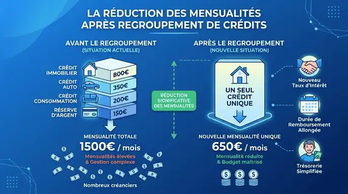 avantages regroupement de crédits - réduction mensualités et taux unique