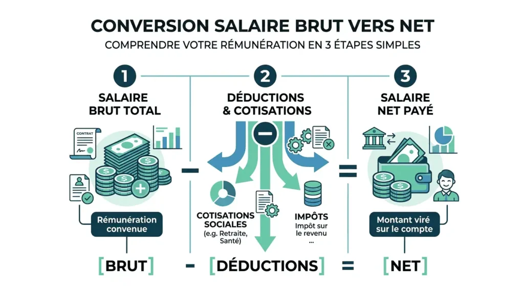 infographie comment calculer le net en brut avec formule et exemple à 2500 euros