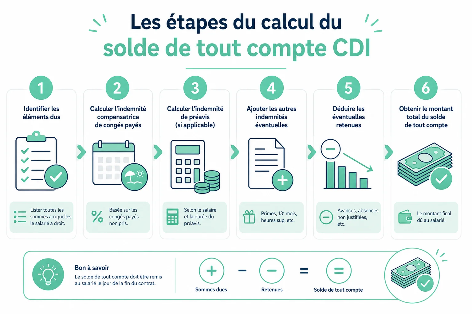Étapes de calcul du solde de tout compte cdi expliquées visuellement