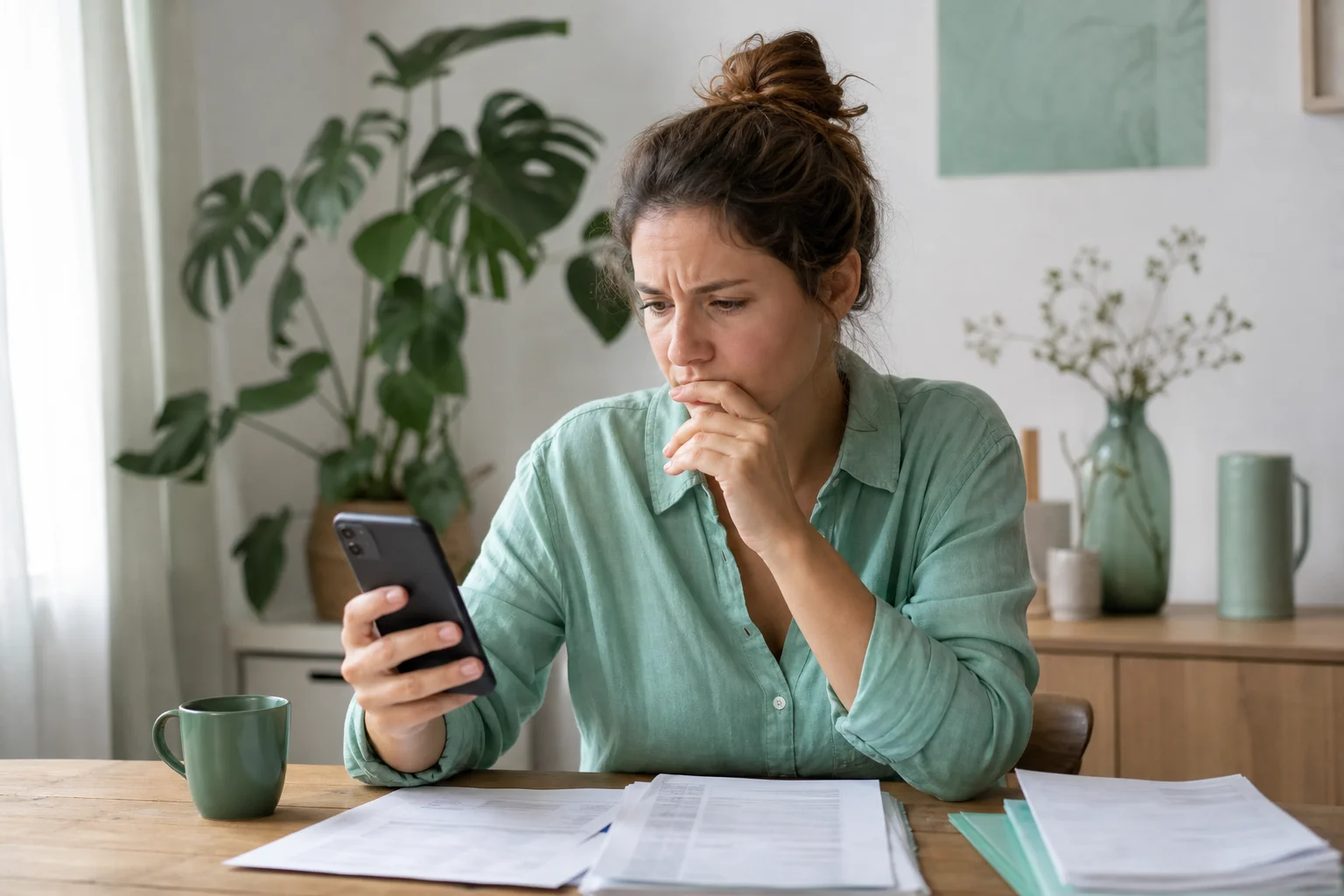 Entrepreneure vérifiant si son chèque bloqué pour vérification est un simple délai