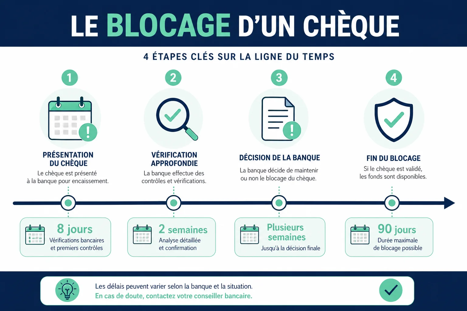 Infographie des délais d'un chèque bloqué pour vérification en France